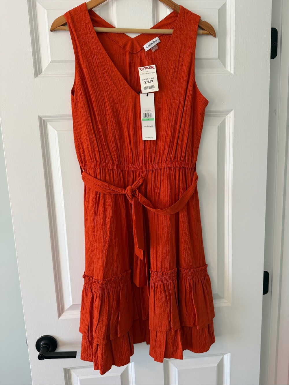 Calvin Klein Bright Orange Sleeveless Ruffle Tier Dress